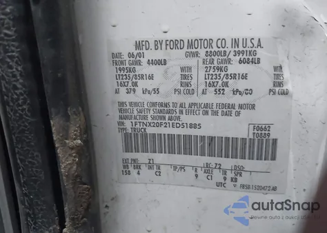 2001 Ford F-250 Lariat/Xl/Xlt z USA, uszkodzony, nr VIN 1FTNX20F21ED51885